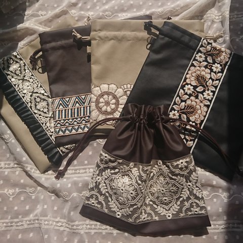 インド刺繍リボン  巾着バッグ  ショルダーバッグ  ポシェット