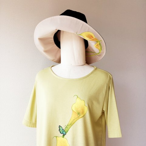 値下げ　手描き黄色いカラーのTシャツと夏帽子セット