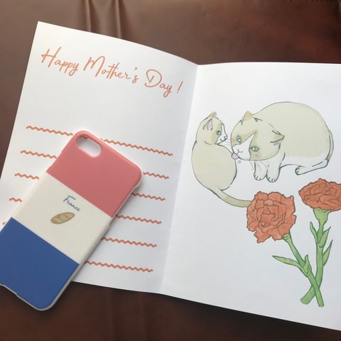 猫の母の日カードとフランス国旗風スマホケース　プレゼント　ギフト