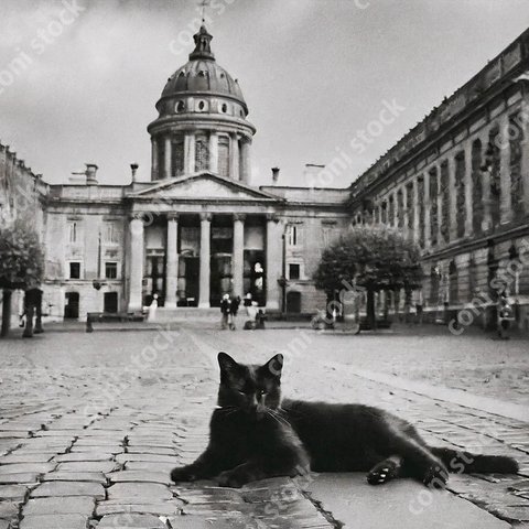 パリのイメージと寝そべる黒猫、モノクロ、アート、古びた写真　conistock_57826_02