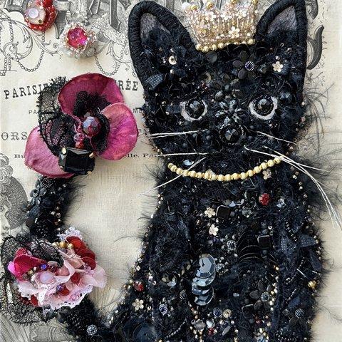 ビーズ刺繍アート　 "Le chat noir"　黒猫