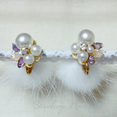 ファーとパールの冬イヤリング&ピアス