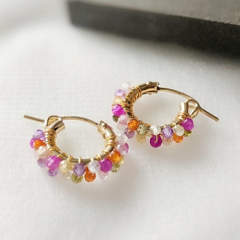 14kgf pink-purple amethyst × colorful zirc hoop ピアスorイヤリング