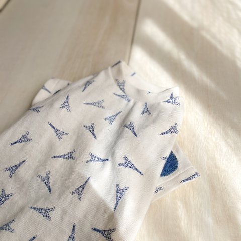 【Lサイズ】　犬服　半袖　肘パッチ　柄　フレンチ　白　デニム　トップス　Tシャツ　春服　春物　夏　夏物　夏服　おでかけ　おしゃれ　かわいい　ペットウェア　ドッグウェア