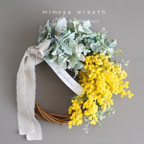 ｗｒｅａｔｈ　ミモザ   リース　アーティフィシャル　ミモザリース　ハーフリース　玄関リース　結婚祝い　開店祝い