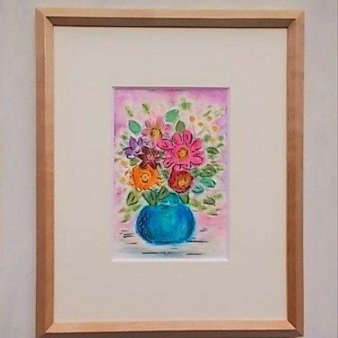 絵画 インテリア  額絵 原画 水彩画 花の絵 青い花瓶と花