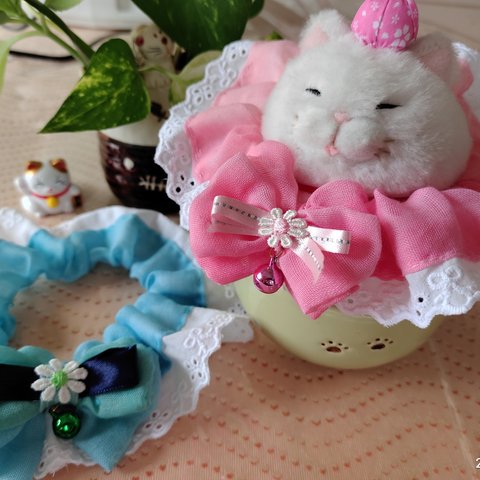 愛猫ちゃんシュシュ型首輪(ピンクとブルー2個組)