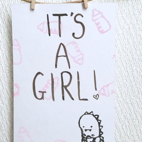 恐竜 誕生祝いカード 女の子 it's a girl!