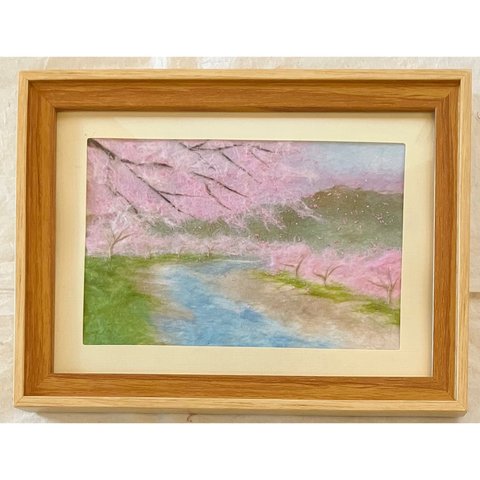 和紙ちぎり絵『のどかな桜と小川』葉書サイズ原画