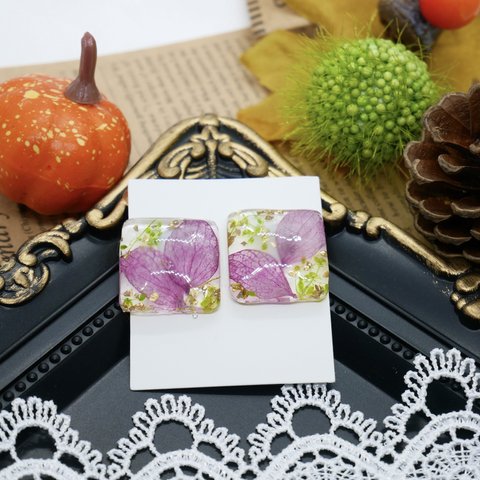 【purple】紫陽花　ドライフラワー　イヤリング　ピアス