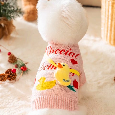 犬服 犬ウェア ペット服 防寒 アヒル/エルクバッグセーター 2種類 ふわふわ かわいい 赤 ピンク エルク アヒル 散歩 日常