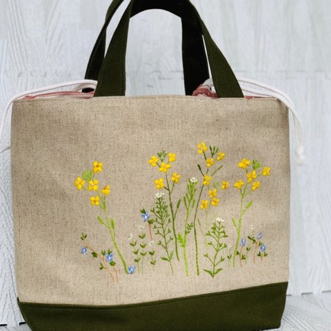 刺繍の菜の花トートバッグ