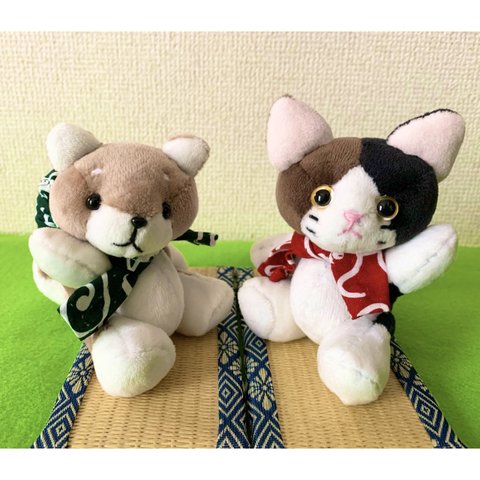 [セット販売] 手のりミケ猫とシバ犬のぬいぐるみ（風呂敷）