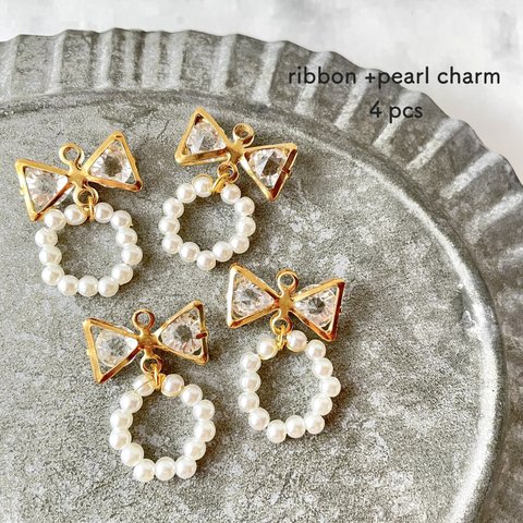 4pcs★charm・ribbon+pearl（クリアガラスチャーム）