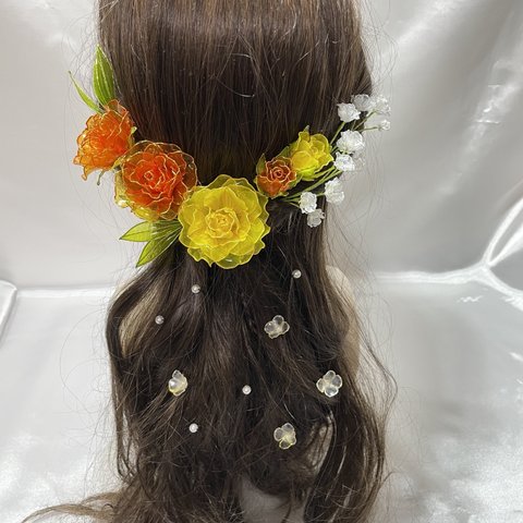 アメリカンフラワー　ウェディングヘアアクセサリー　花園　～春暁～　ヘッドドレス　ディップアート