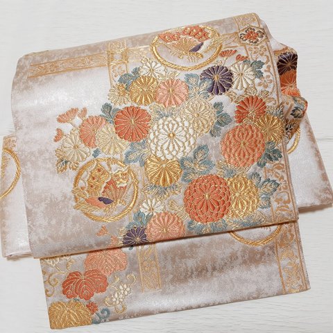 ワンタッチ帯　くらわん帯　正絹袋帯リメイク　桃ベージュ菊鳳凰文様　作り帯　