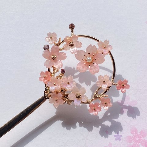 桜団扇の一本かんざし　桜満開
