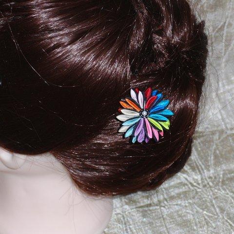 虹色珠★Uピン簪 #M030 つまみ細工の髪飾り