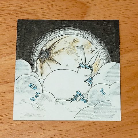 ペン画ミニ原画『月とうさぎ』