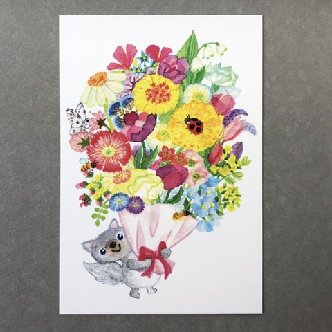 ポストカード２枚組　”花束いい匂い”お花と虫たち