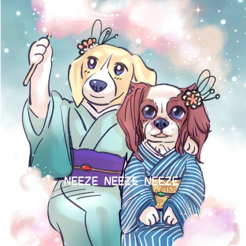 G様専用ページ 似顔絵イラスト＋シール＋ラミネートカード ビーグル犬 とキャバリアの似顔絵