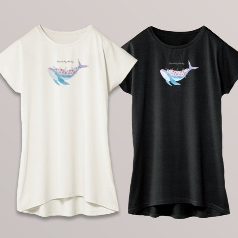 花とクジラの水彩チュニック・ドルマンワンピTシャツ Mサイズ