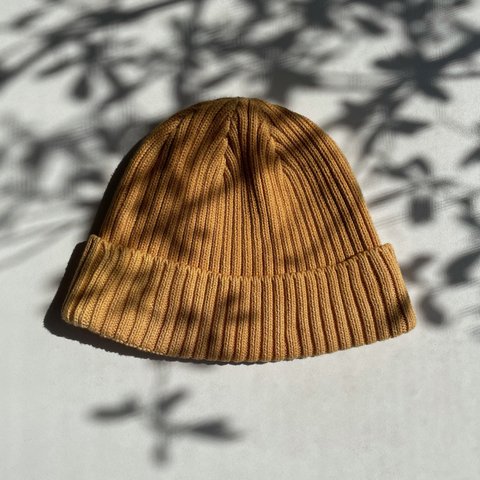 送料無料　チクチクしない草木染リブ編み ビタミンイエロー コットンニットキャップ　帽子