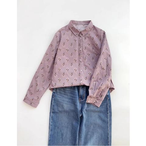【コットン素材】  春夏     薄紫  シャツ   花柄  ブラウス    長袖