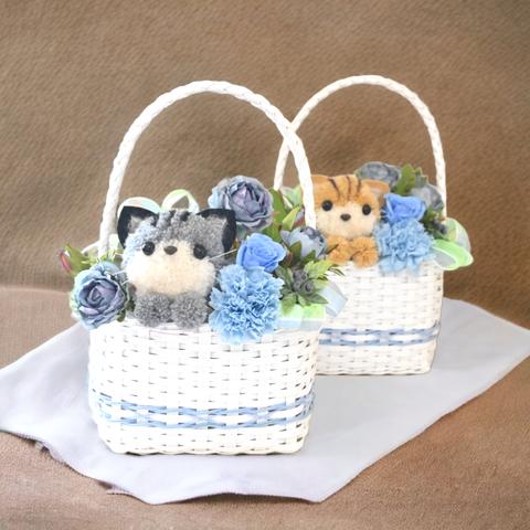 もこペット【猫 ブルーバスケット】プリザーブドフラワー カーネーション ねこ 花 誕生日  母の日 ペット お供え プレゼント 