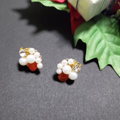 クリスマス｜ハートビジュー×コットンパールのピアス♡イヤリング