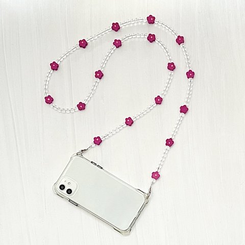 スマホショルダー　クリア　ビーズ　花　スマホストラップ　ピンク　芝桜