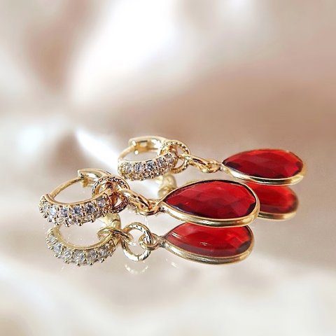 【2WAY】14KGP/ GARNET CZ HOOP EARRINGS