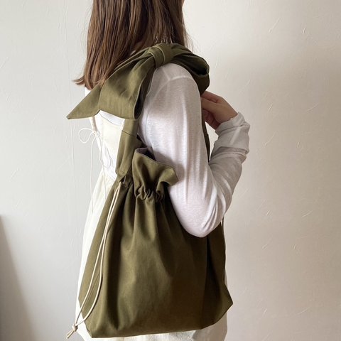 ribbon knot  shoulder tote リボンノット ショルダートート　olive  khaki  |  巾着トートバッグ　