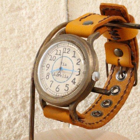 手作り腕時計　Via Aurelia(レトロBlue &Brown )   --- アンティークでシンプルな男性、女性兼用腕時計。ベルトは牛革を使用。