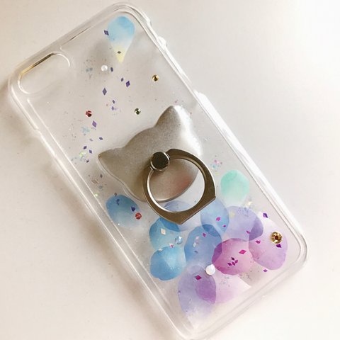 花猫～紫陽花 グラデーション 押し花風 スマホケース 選べる スマホリング iPhoneケース iPhone12 iPhone11 お取り寄せ GalaxyXperia