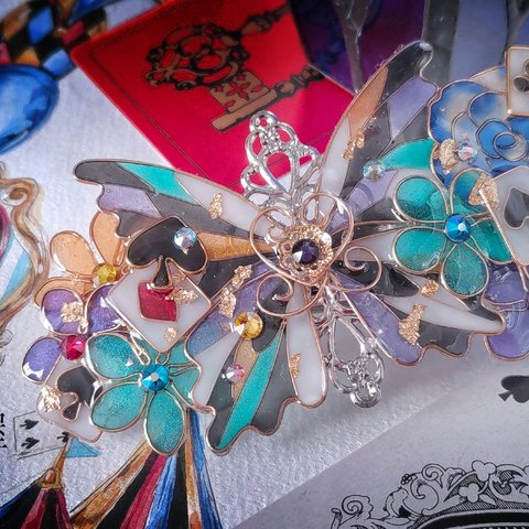 （blue）トランプと影絵のサーカスの蝶バレッタ（hair ornaments of butterfly and star〜nostalgic circus 〜）
