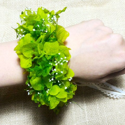 グリーンの紫陽花とかすみ草のリストレット