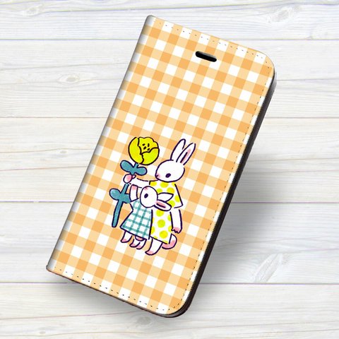 ★iPhone 専用 フラップ無し手帳型ケース★坂本奈緒 うさぎの親子 チェックオレンジ