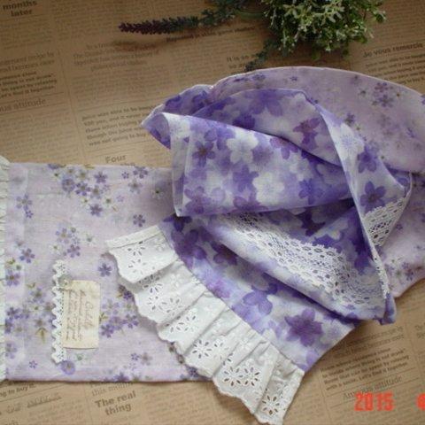 ☆彡薄紫の桜と春小花の柔らかガーゼのスカーフ