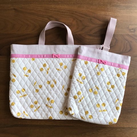 さくらんぼ×Pink×Gold レッスンバッグ&シューズバッグ