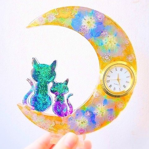 1/15(土)20時販売♡現品限り♡巨大月と猫-ネモフィラ置き時計