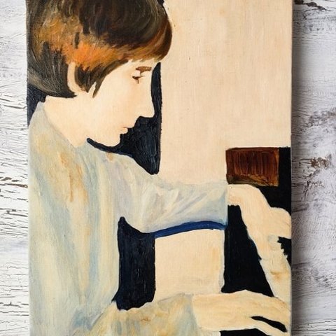 絵画「ピアノの練習をする白人少年」F4・油彩画 ・原画・裏紐付き