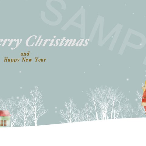 サンタクロースと冬の風景 水彩画のクリスマスカード　