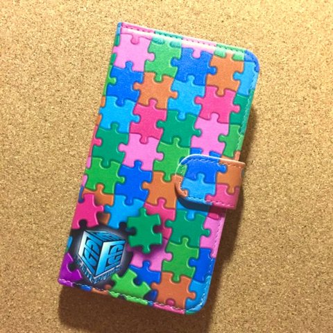 パズル柄 カラフル ロゴアクアブルー 水色 No.6 iPhone他 スマートフォン ほぼ 全機種対応 スマホ手帳型ケース