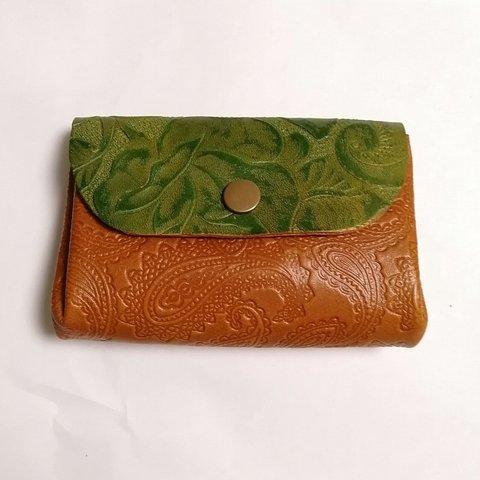 本革　グリーンブラウン　アコーディオン　コインケース　カードケース　財布