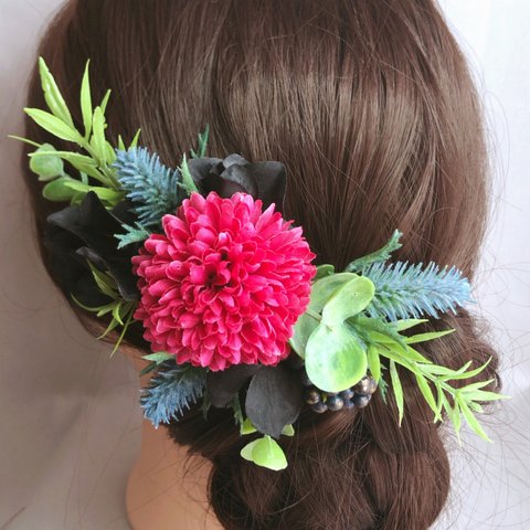 【和装】ブラック紫陽花×ピンクマムの髪飾り