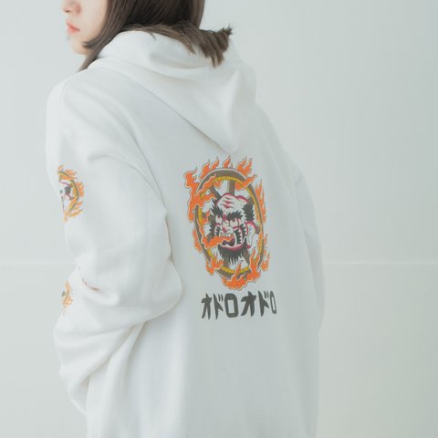 オドロオドロ【輪入道　type-A】Tシャツ スウェット ロンT            パーカー  ビッグシルエット オーバーサイズ  ホワイト 白　　