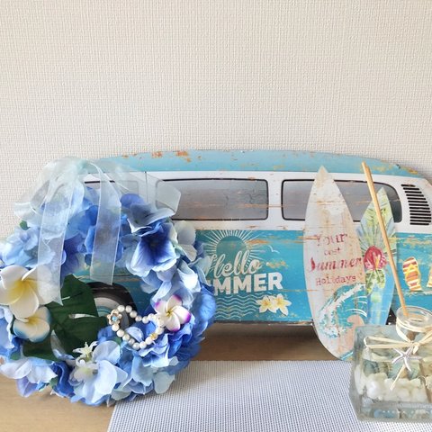 ハワイアンリース⛱  アリエルの世界✨　紫陽花　アーティシャルフラワー　フラワーリース　リース　ハワイアン　雑貨　飾り　パール　プルメリア　お花