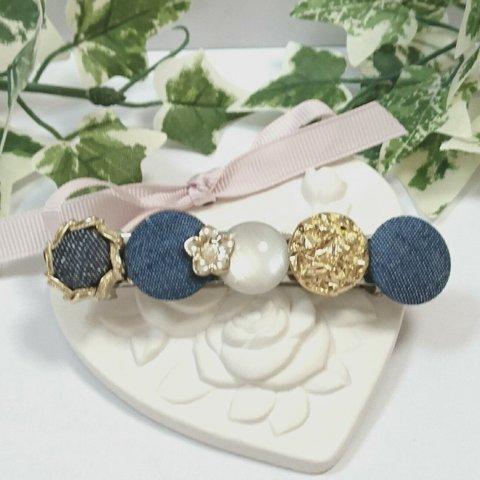 【送料込み】 macron ❇  button ( blue  denim ) バレッタ   