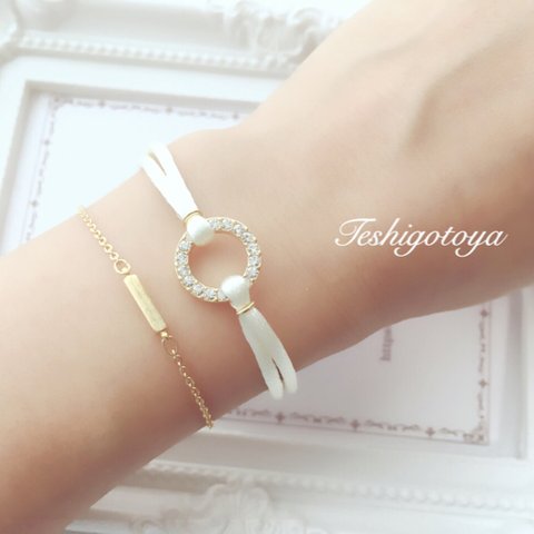 Crystal circle × white satin cord bracelet